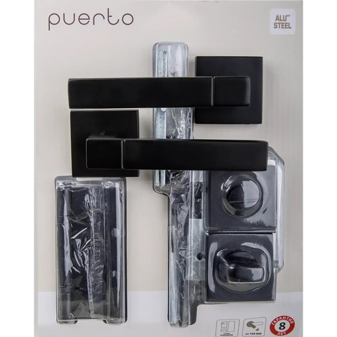 Комплект фурнитуры сантехнический Пуэрто SET 521-03 2070PL 2S Black (ручка, защелка с/у, завертка, петли безВР), цвет черный (гарантия - 8 лет на ручку, 6 месяцев на остальную фурнитуру)