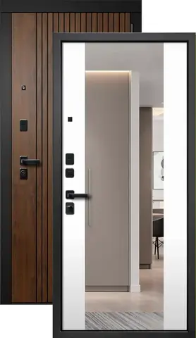 Теплая дверь входная FLY DOORS Форест зеркало, 2 замка, 1,2 мм металл, (медовый дуб+велюто бианко)