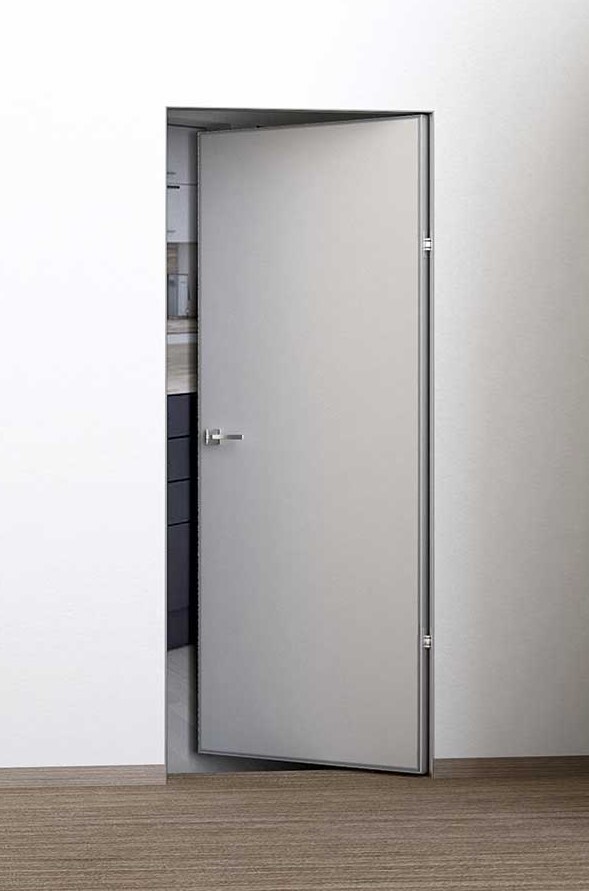 Дверь межкомнатная скрытая Двери регионов Инвизибл Реверс (обратное открывание, кромка алюминиевая хром с 3х сторон, с врезкой под замок Вантаж MC 96/MC85 и скрытые петли AGB 2.0), цвет белый, под покраску, глухая